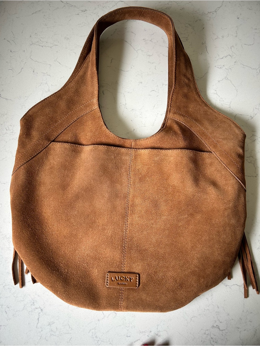 🍀Lucky Brand Nyra Suede Leather Fringe Tote Shoulder Bag in Rust Brown - Picture 3 of 16